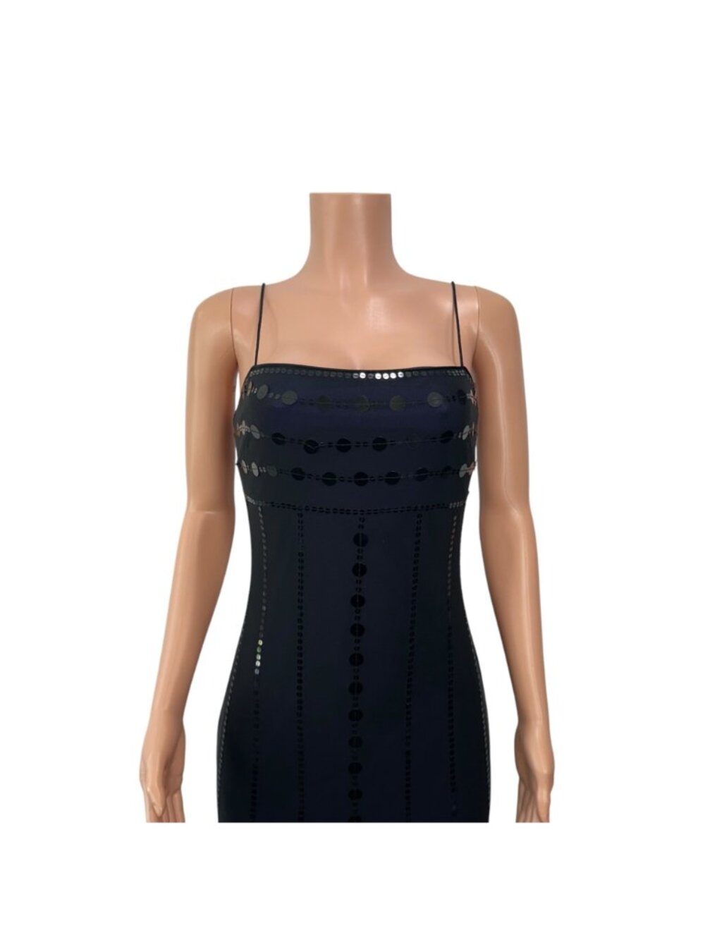 RIMINI By Shaw Vintage Black Sequined Spaghetti Strap Maxi Dress 6 Purple Lined - Picture 11 of 14